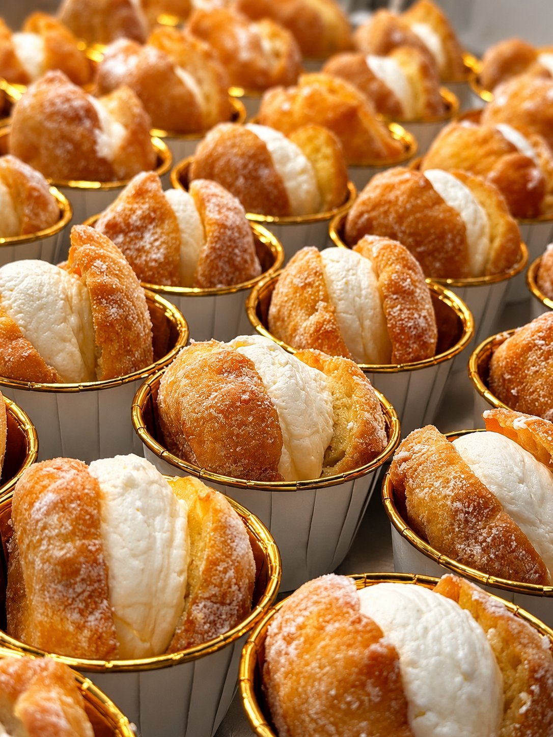 Trays of fresh handmade cream donuts ready for catering