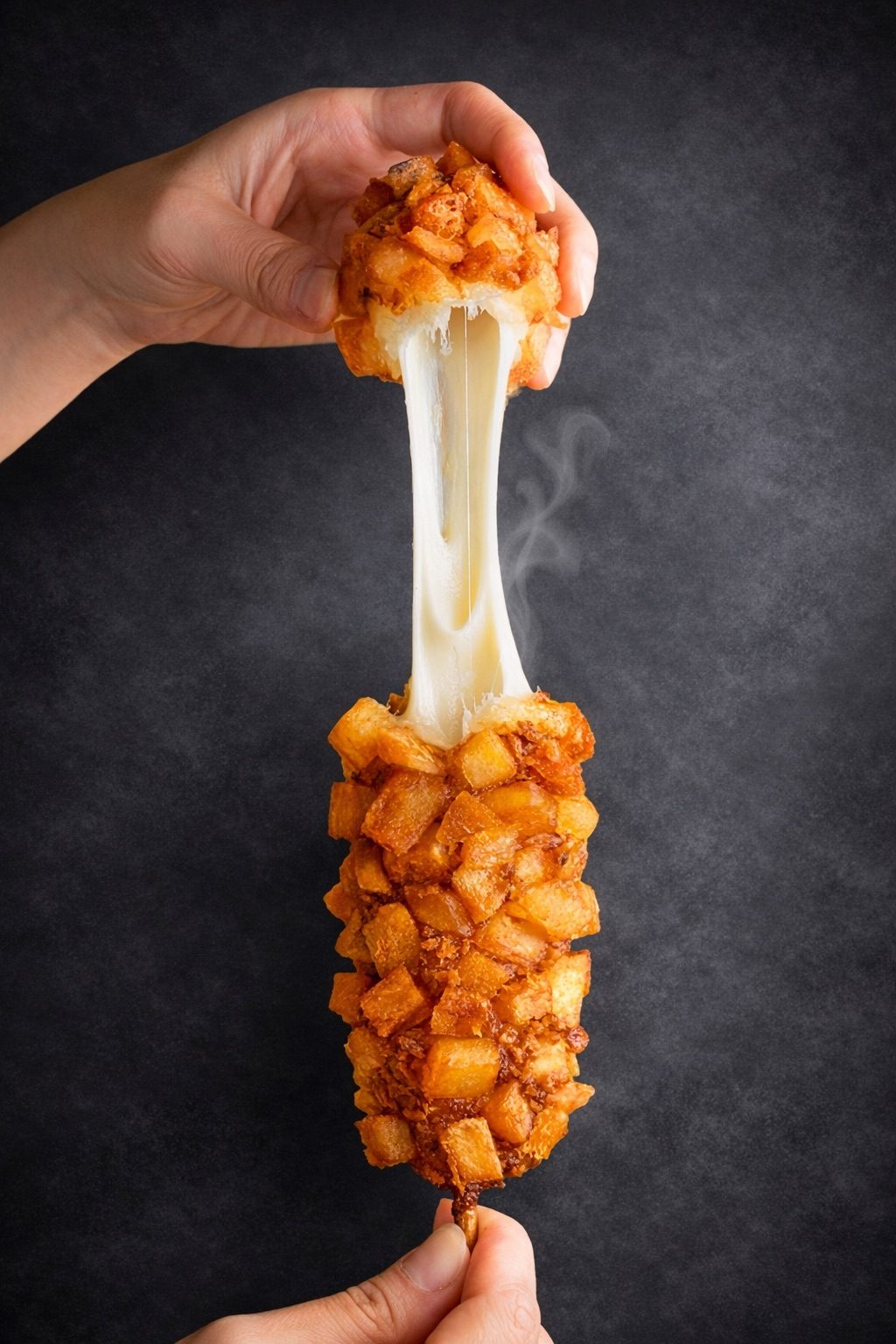 A potato corn dog being pulled apart, mozzarella stretching, steam rising