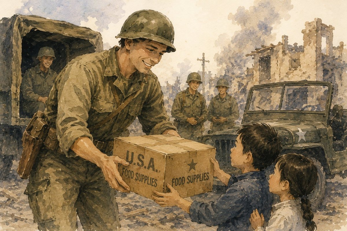 American troops sharing food supplies with Korean children during the Korean War